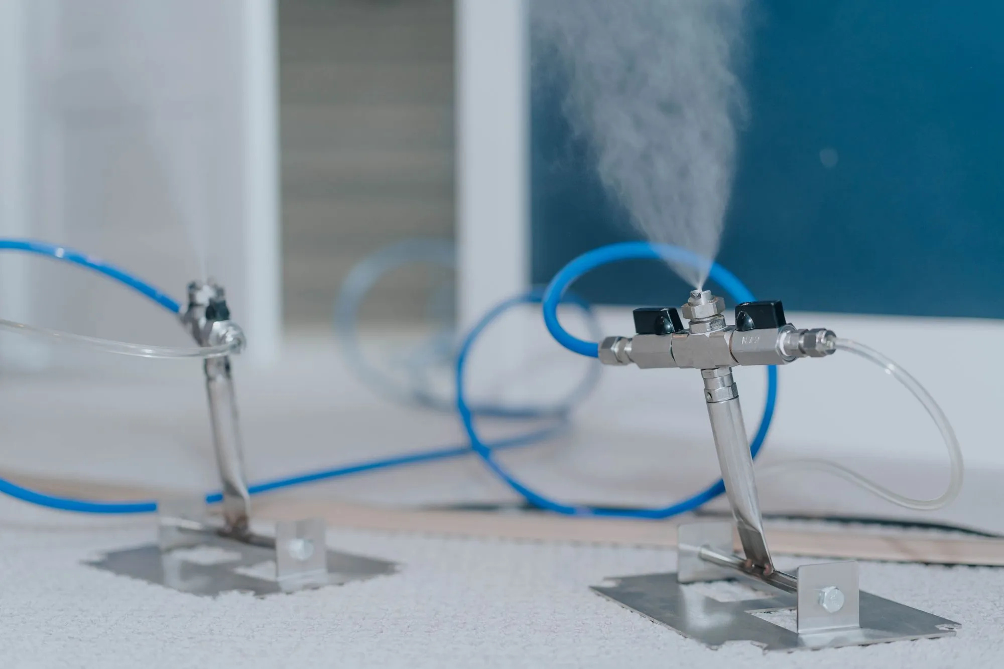 Dry fog filling a room during a sterilization treatment