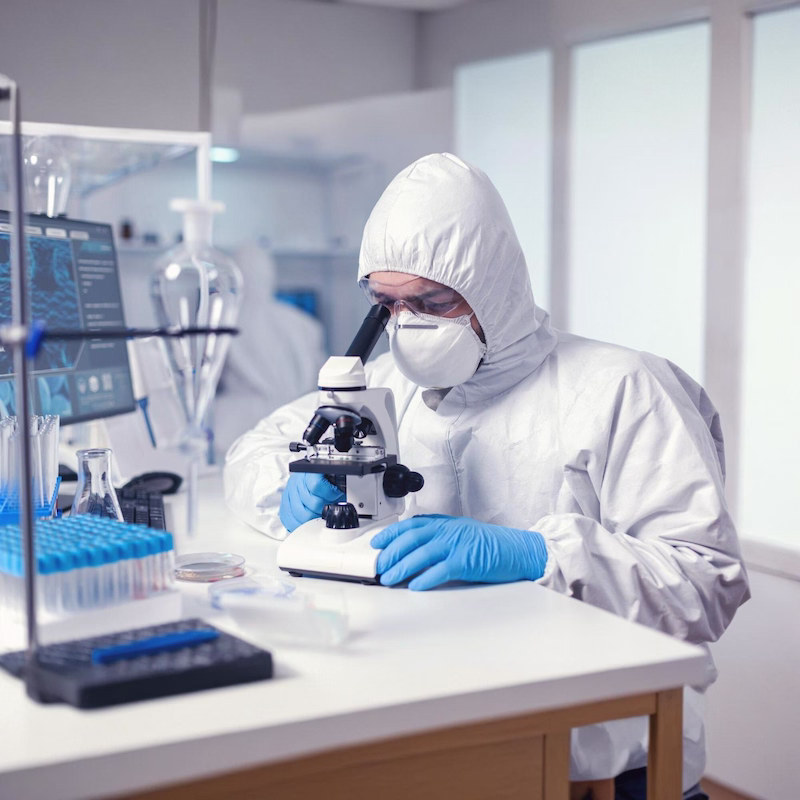 Lab technician analyzing a post-treatment air sample under a microscope